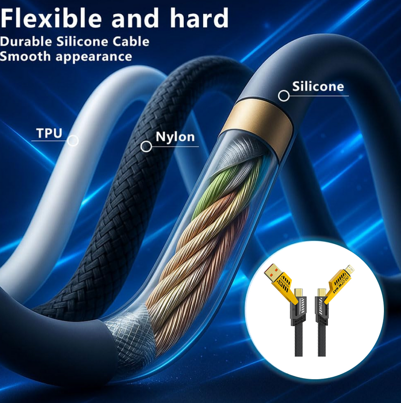 4 in 1 Braided Fast Charging Cable 65W | Quad 1.5m Rugged Design Multiport | Type C to USB A | Compatible for iPhones, iPads, Tablets, MacBooks and Android Devices